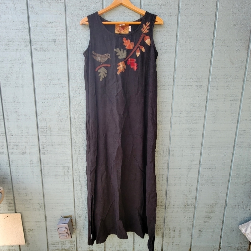 90s Vintage Sunbelt Linen Maxi Dress Fall Leaves Bird Felt Print size S/M Black